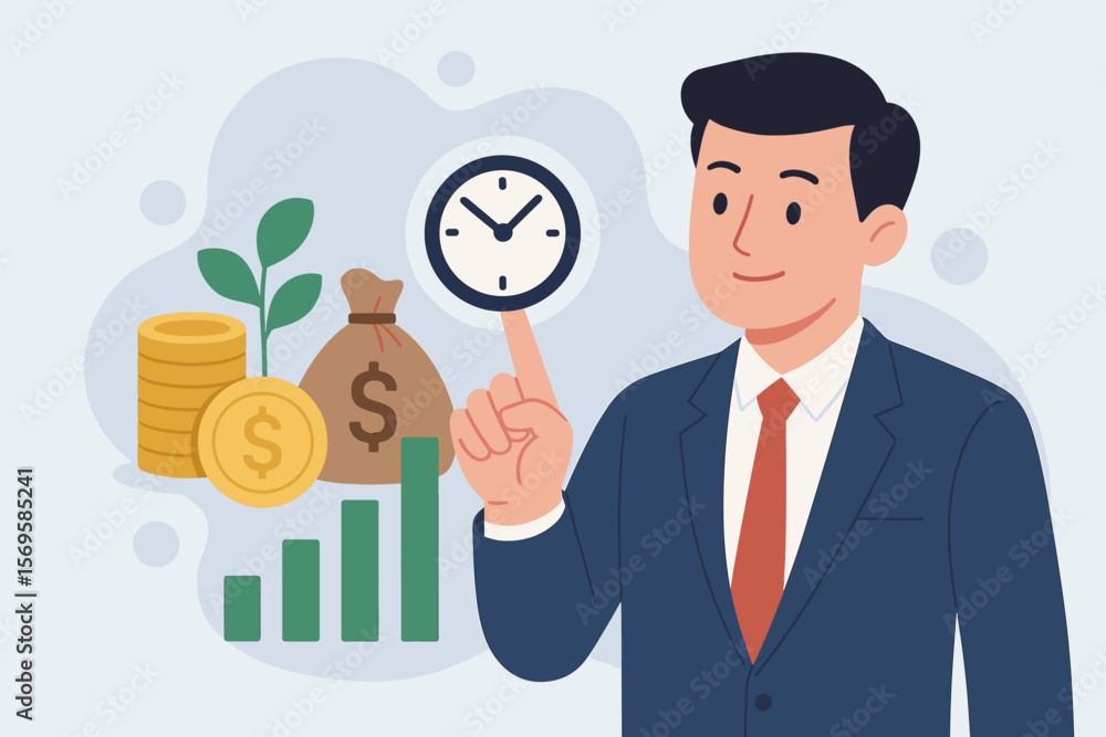 Time is money concept. Businessman managing time for financial growth. Investing money for future profit. Investment strategy, savings, and income vector illustration. Time is money concept. Businessman managing time for financial growth. Investing money for future profit. Investment strategy, savings, and income vector illustration.