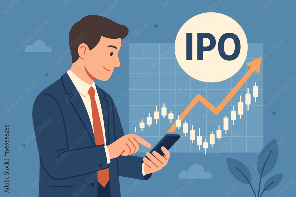 IPO, Initial Public Offering concept. Businessman investor analyzes stock market chart on a smartphone. Financial trading, investment strategy, and business growth. Vector. IPO, Initial Public Offering concept. Businessman investor analyzes stock market chart on a smartphone. Financial trading, investment strategy, and business growth. Vector.