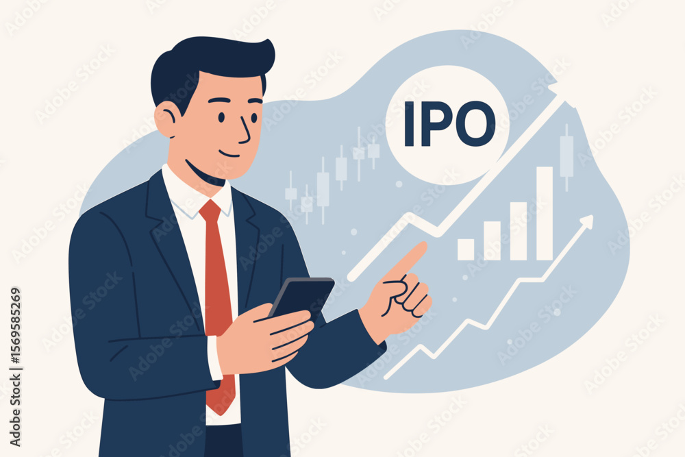 IPO, Initial Public Offering business concept. Businessman with smartphone analyzes stock market graph. Investor trading on exchange, financial investment, and company growth. IPO, Initial Public Offering business concept. Businessman with smartphone analyzes stock market graph. Investor trading on exchange, financial investment, and company growth.