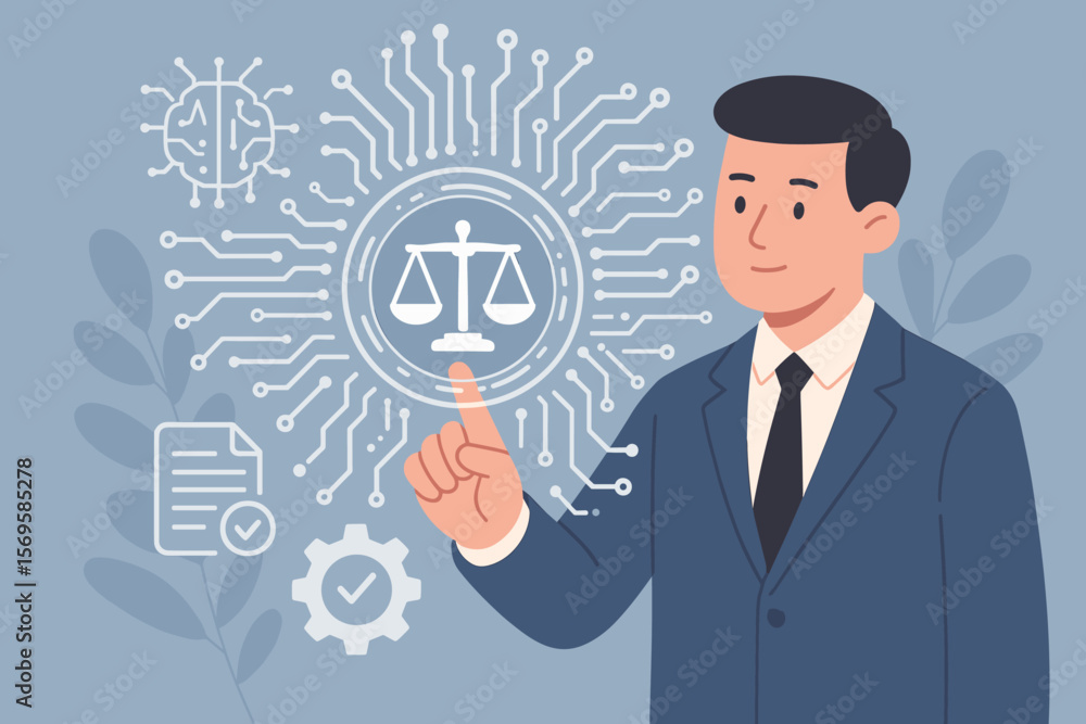 AI law and ethics concept. Businessman managing artificial intelligence regulations. Justice, compliance, governance, legal standards, and business policy for AI technology. AI law and ethics concept. Businessman managing artificial intelligence regulations. Justice, compliance, governance, legal standards, and business policy for AI technology.