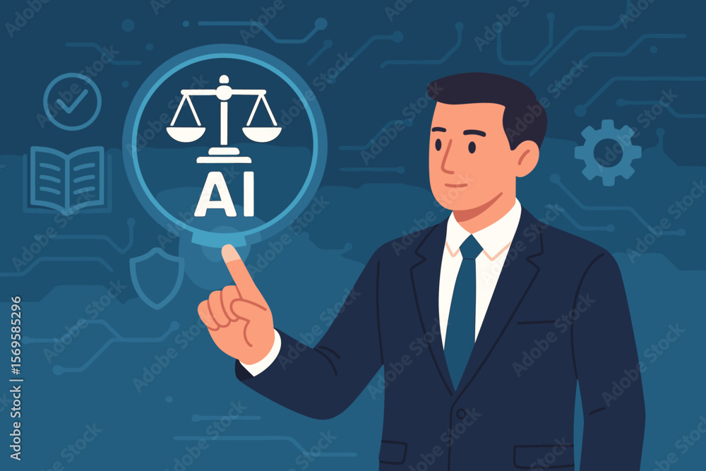 AI law and ethics concept. Businessman touching digital interface with justice scales. Artificial intelligence regulation, compliance, legal standards and business policy. AI law and ethics concept. Businessman touching digital interface with justice scales. Artificial intelligence regulation, compliance, legal standards and business policy.