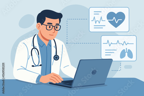 Doctor analyzing patient health data and electronic record on laptop. Cardiology and pulmonology diagnosis with innovative technology. Modern telemedicine vector flat cartoon.