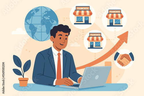 Franchise marketing concept illustration. Businessman at desk with laptop plans global expansion. Successful partnership for business growth. Store chain system and investment.