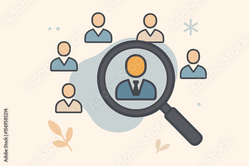 Human resource search and recruitment concept with magnifying glass highlighting a candidate icon. Ideal for hiring, headhunting, talent acquisition, and employee selection. Vector.