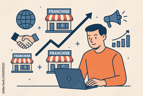 Franchise marketing concept for business growth and successful partnership. Man with laptop manages global expansion, store network, and advertising for corporate development.