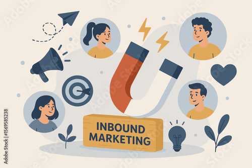 Inbound marketing strategy concept. Magnet attracting customers and generating leads. Digital business campaign for customer acquisition, retention, and audience engagement.