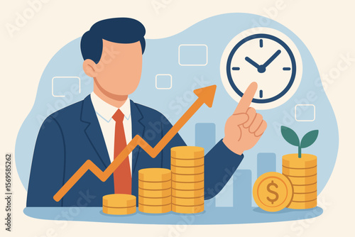Time is money concept with businessman managing investments. Financial growth and long-term planning with clock and growing coin stacks. Return on investment, wealth strategy.