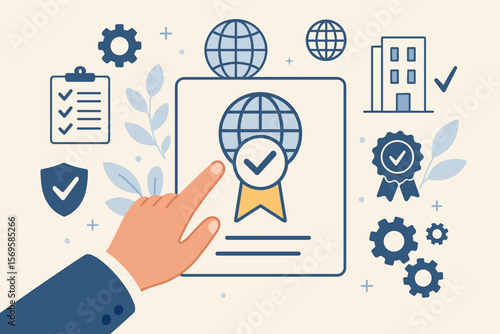 ISO standards quality control. Certification and standardization process. ISO certified business concept. Conformity to international standards and quality assurance vector.