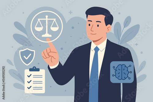 AI law and ethics concept. Businessman touching virtual interface with justice scales icon. Developing artificial intelligence codes for compliance, regulation and business policy.