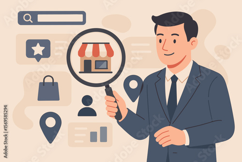 Local SEO strategy and search optimization concept for small business. Businessman with magnifying glass focuses on a local store. E-commerce, marketplace, online retail.