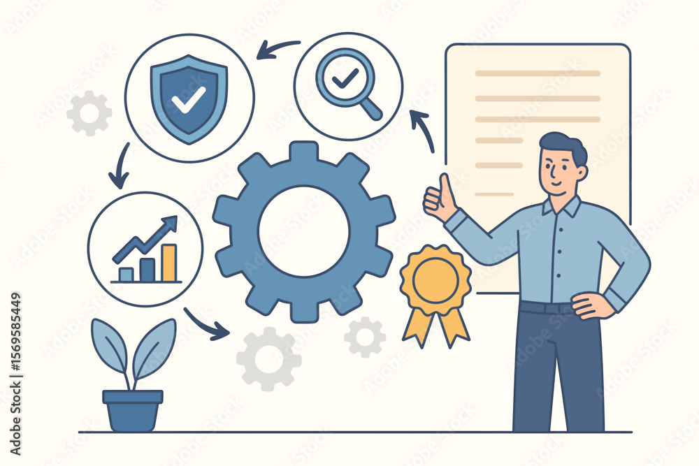 Quality management, quality assurance QA, quality control QC, process improvement, standardization, certification, business success, compliance, growth, flat vector illustration Quality management, quality assurance QA, quality control QC, process improvement, standardization, certification, business success, compliance, growth, flat vector illustration