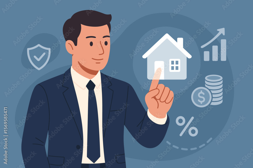 Real estate investment concept. Businessman in suit touches virtual house icon for mortgage analysis, home insurance, property loan, interest rate, finance planning, housing market growth Real estate investment concept. Businessman in suit touches virtual house icon for mortgage analysis, home insurance, property loan, interest rate, finance planning, housing market growth