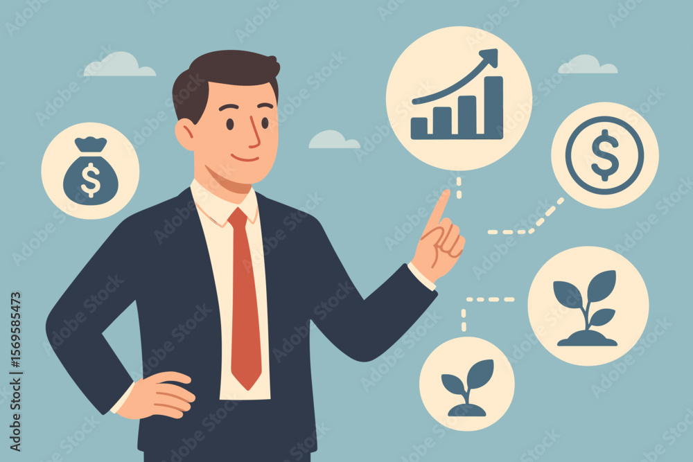 Businessman Analyzing ROI Return on Investment Concept, Financial Growth, Profit Increase, Money Bag, Dollar Symbol, Investment Strategy, Flat Vector Illustration Businessman Analyzing ROI Return on Investment Concept, Financial Growth, Profit Increase, Money Bag, Dollar Symbol, Investment Strategy, Flat Vector Illustration