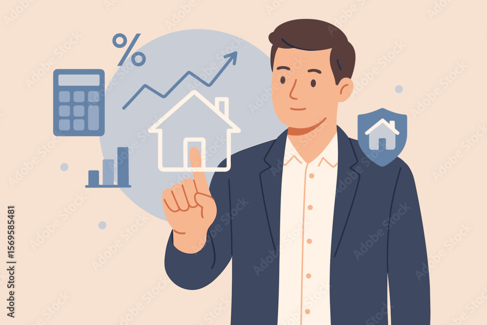 Real estate investment analysis concept. Businessman touches virtual house icon for mortgage loan, property insurance, interest rate, financial planning, housing market growth Real estate investment analysis concept. Businessman touches virtual house icon for mortgage loan, property insurance, interest rate, financial planning, housing market growth