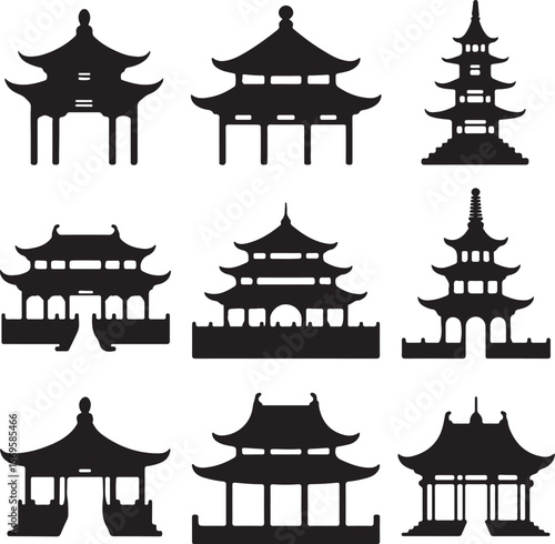 Nine Black Silhouettes of Asian Style Temples Pagodas and Gateways on White Background Architectural Vector Icons Set