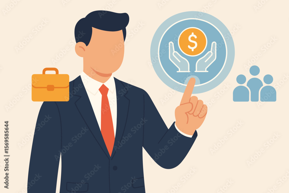 Business Sponsorship Concept Illustration. Professional Businessman in Suit Touching Virtual Screen with Dollar Icon. Corporate Funding, Sponsor Partnership, Financial Support, Resources Business Sponsorship Concept Illustration. Professional Businessman in Suit Touching Virtual Screen with Dollar Icon. Corporate Funding, Sponsor Partnership, Financial Support, Resources
