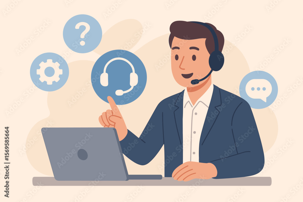 Customer support representative at call center with headset, laptop, technical support icons, communication, help desk, online assistance, business service concept, flat vector illustration Customer support representative at call center with headset, laptop, technical support icons, communication, help desk, online assistance, business service concept, flat vector illustration