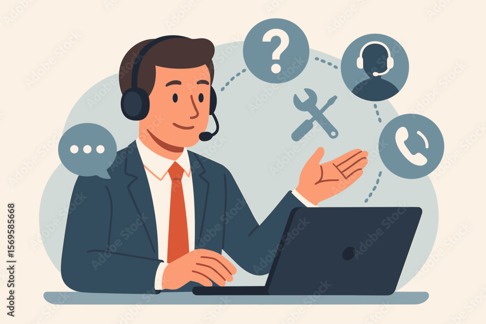 Technical support customer service concept illustration. Call center operator with headset at laptop, business helpdesk, troubleshooting, communication, assistance icons, flat vector Technical support customer service concept illustration. Call center operator with headset at laptop, business helpdesk, troubleshooting, communication, assistance icons, flat vector