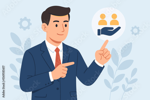 Sponsorship concept, business partnership, corporate support, funding resources, services, businessman in suit presenting sponsor icon, modern flat vector illustration