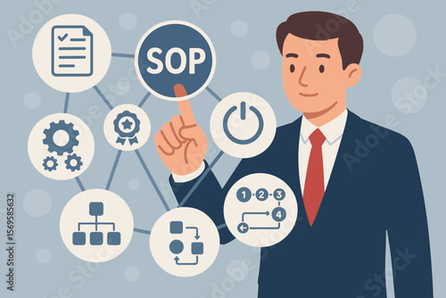 SOP Standard Operating Procedure Concept Businessman Touching Virtual Interface Icons Process Management Quality Control Workflow Instructions Documentation Compliance