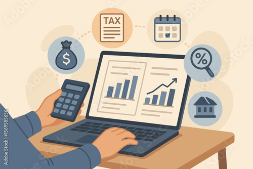 Financial tax planning and wealth management concept. Person analyzing tax statistics, calculating risks, creating annual accounting report, planning payments, using laptop and calculator
