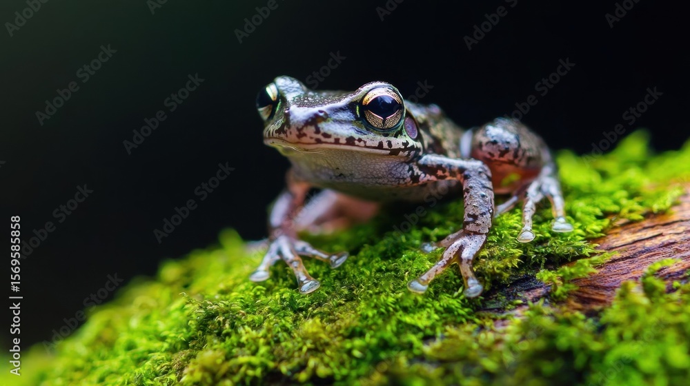 Obraz premium Close-up of a small frog sitting on a moss-covered branch. the frog is facing the camera and its body is facing towards the right side of the image.
