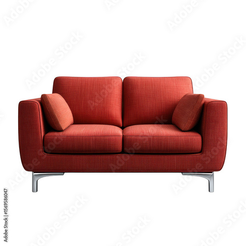 Modern red fabric loveseat with accent pillows isolated on transparent background