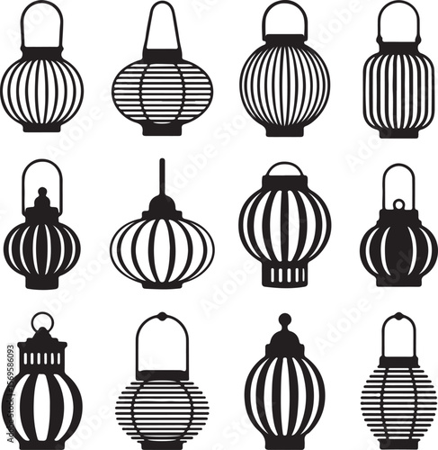 Twelve Black Silhouette Lanterns Various Styles Hanging and Standing Asian Japanese Chinese Decor Design Elements