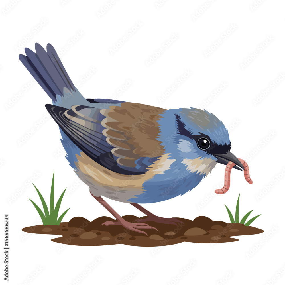 Obraz premium Blue bird foraging in soil with worm in beak and grass nearby 