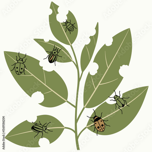 Insects crawling on green leaves with holes in a simple design  