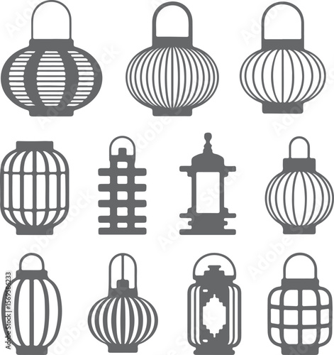 Twelve Gray Silhouette Lanterns Various Shapes and Sizes Hanging and Standing Asian Style Festive Decorations
