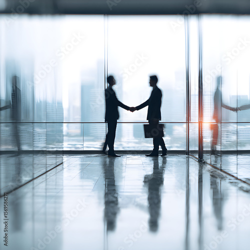 Business handshake: A dynamic image of two professional figures in silhouette form sealing a deal with a firm handshake, with skyscrapers visible through the window.