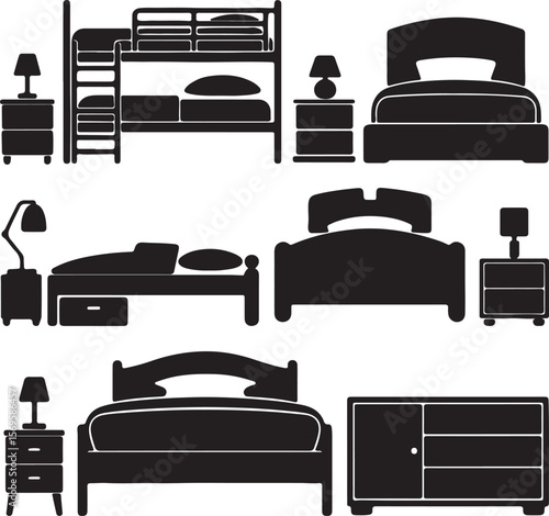 Bedroom furniture silhouettes including bunk beds and nightstands single bed double bed