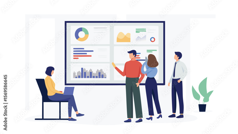 Team analyzing data on screen with charts and graphs in a business meeting presentation setting scene Team analyzing data on screen with charts and graphs in a business meeting presentation setting scene