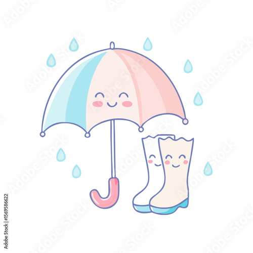Pastel Umbrella and Rain Boots with Cute Faces – Kawaii Cartoon Weather Sticker Icon