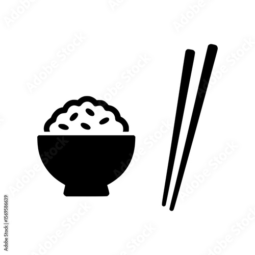 Simple black icon of a bowl of rice with chopsticks on a white background