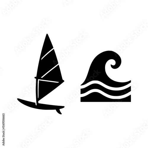 Black silhouette of a windsurf board and sail next to a stylized ocean wave