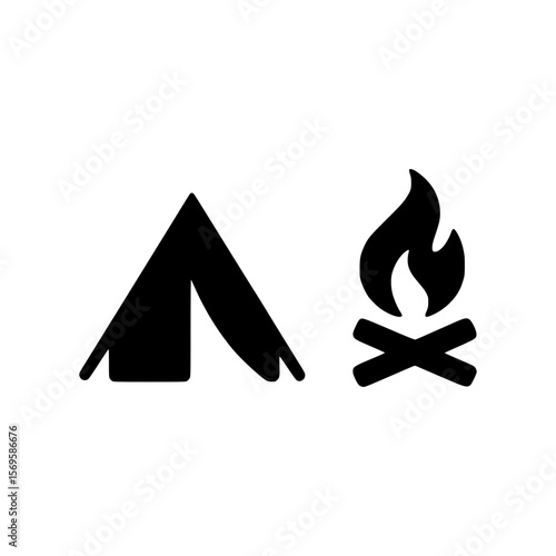 Simple black silhouette of a tent and campfire on a white background