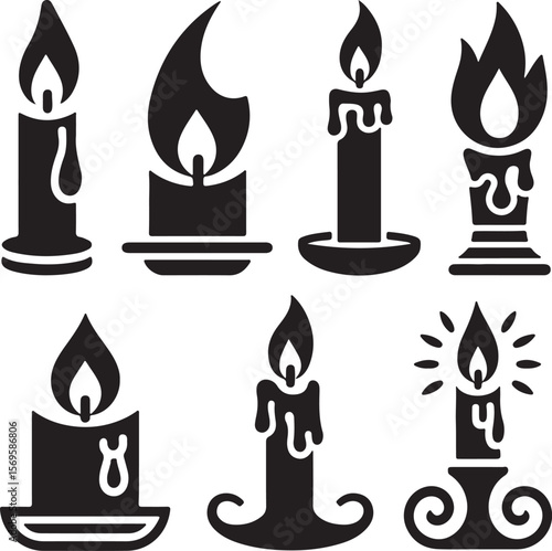 Black silhouette candle icons with dripping wax and flames vector