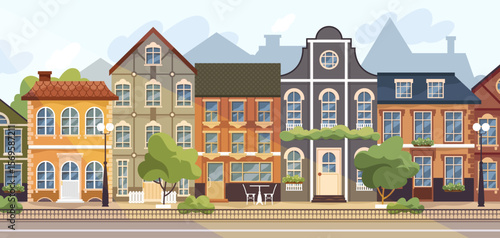 European street background. Vector vintage architecture cityscape. Retro or old town scenery with historical building or houses facade. Outdoor flat city poster for trave and tourism. Europe landmark.