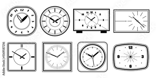 Set of clock outline. Vector round and square watch for table and wall. Desktop classic timepieces collection. Home interior design element or house decoration. Icon for timekeeping and punctuality.