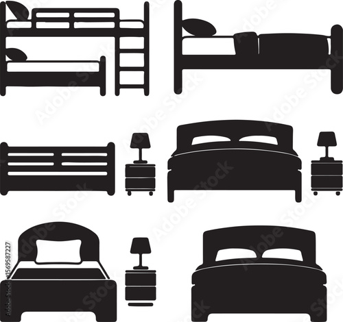 Bunk beds and single beds with nightstands and lamps vector