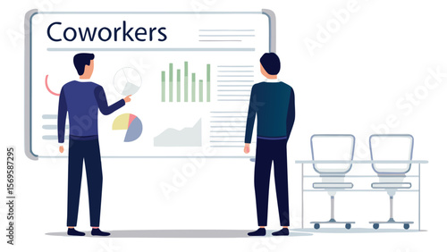 Two coworkers discussing data charts and graphs on a presentation board in a modern office setting today