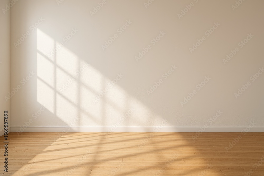 Bright interior room with sunlight casting geometric shadows on cream walls and wooden floor
