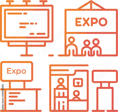 Orange line art depicting an expo with booths and people on a light gray background design graphic