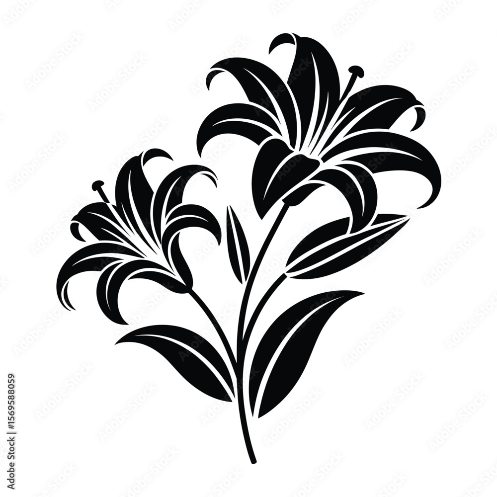 A black and white minimalist vector illustration of two lilies on a white background A black and white minimalist vector illustration of two lilies on a white background