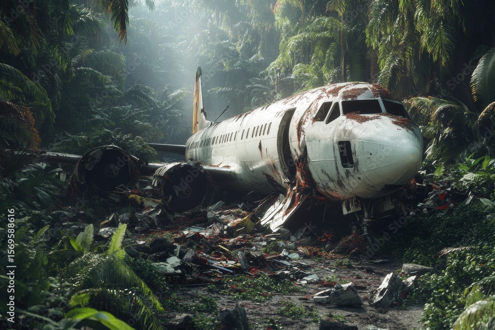 Naklejka premium A passenger airplane lies wrecked in the heart of a thick jungle. Surrounding vegetation is lush and overgrown, with debris strewn across the forest floor, suggesting a recent incident