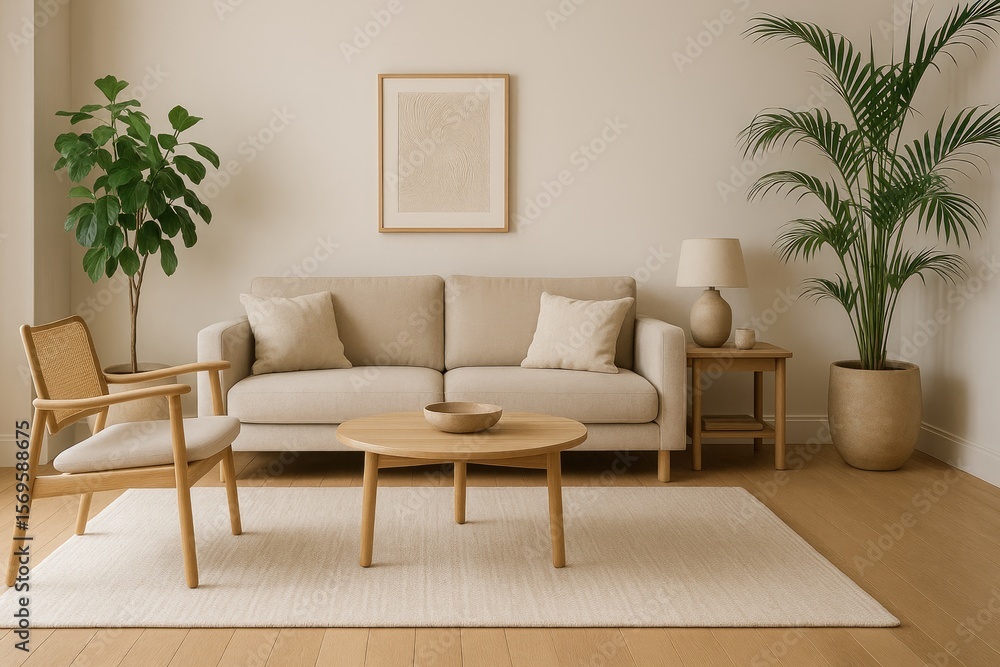 Minimalist beige living room with natural wood accents and lush green plants beige sofa Minimalist beige living room with natural wood accents and lush green plants beige sofa