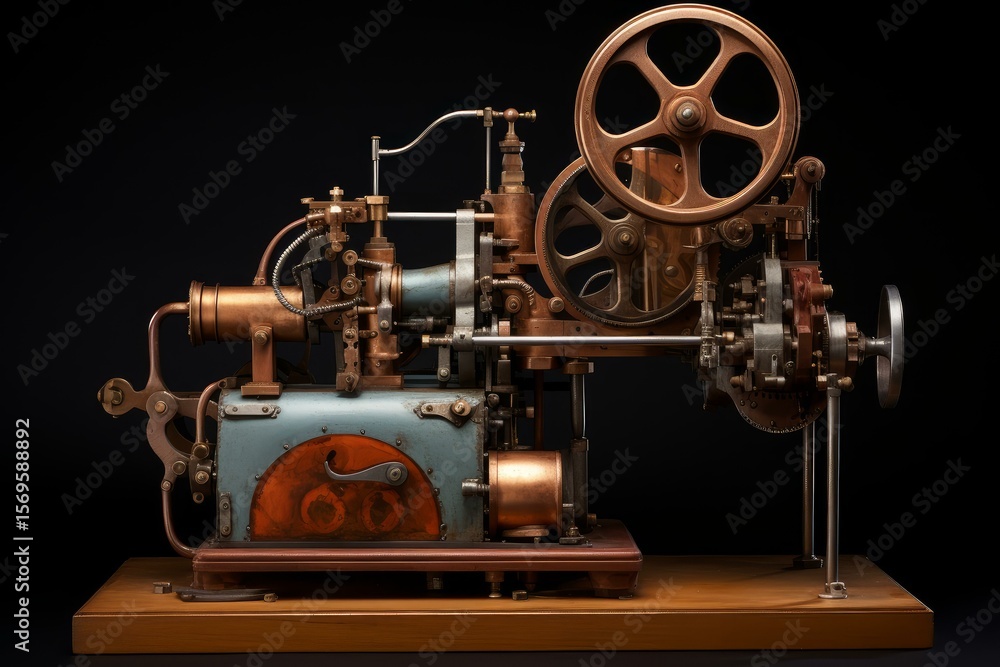 Fototapeta premium Intricate machine with copper and steel components, showcasing gears, wheels, and levers, suggesting industrial or technological concept