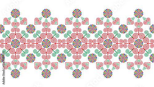 Hmong ethnic pattern, a pattern combining spiral and triangle patterns that resemble mountains, mixed with red and green.